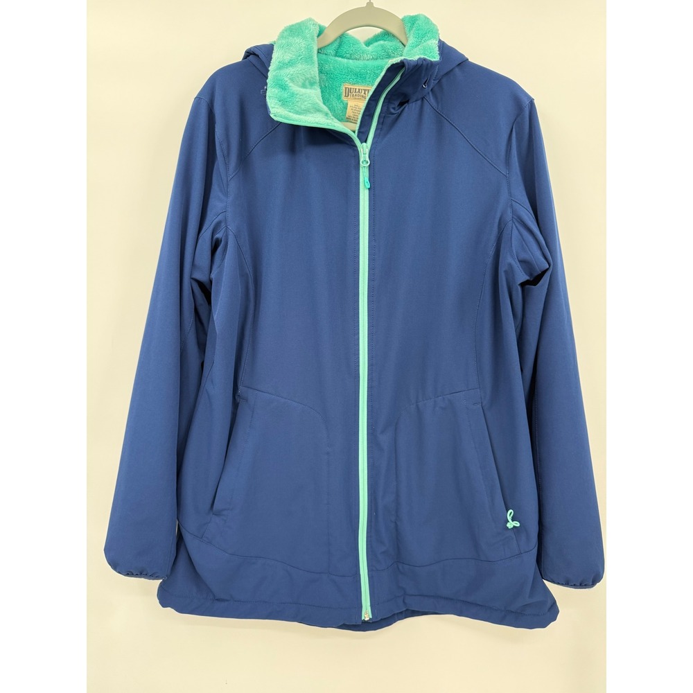 Duluth Trading Co Large Softshell Jacket Womens Blue Teal Faux Fur Lined Hooded